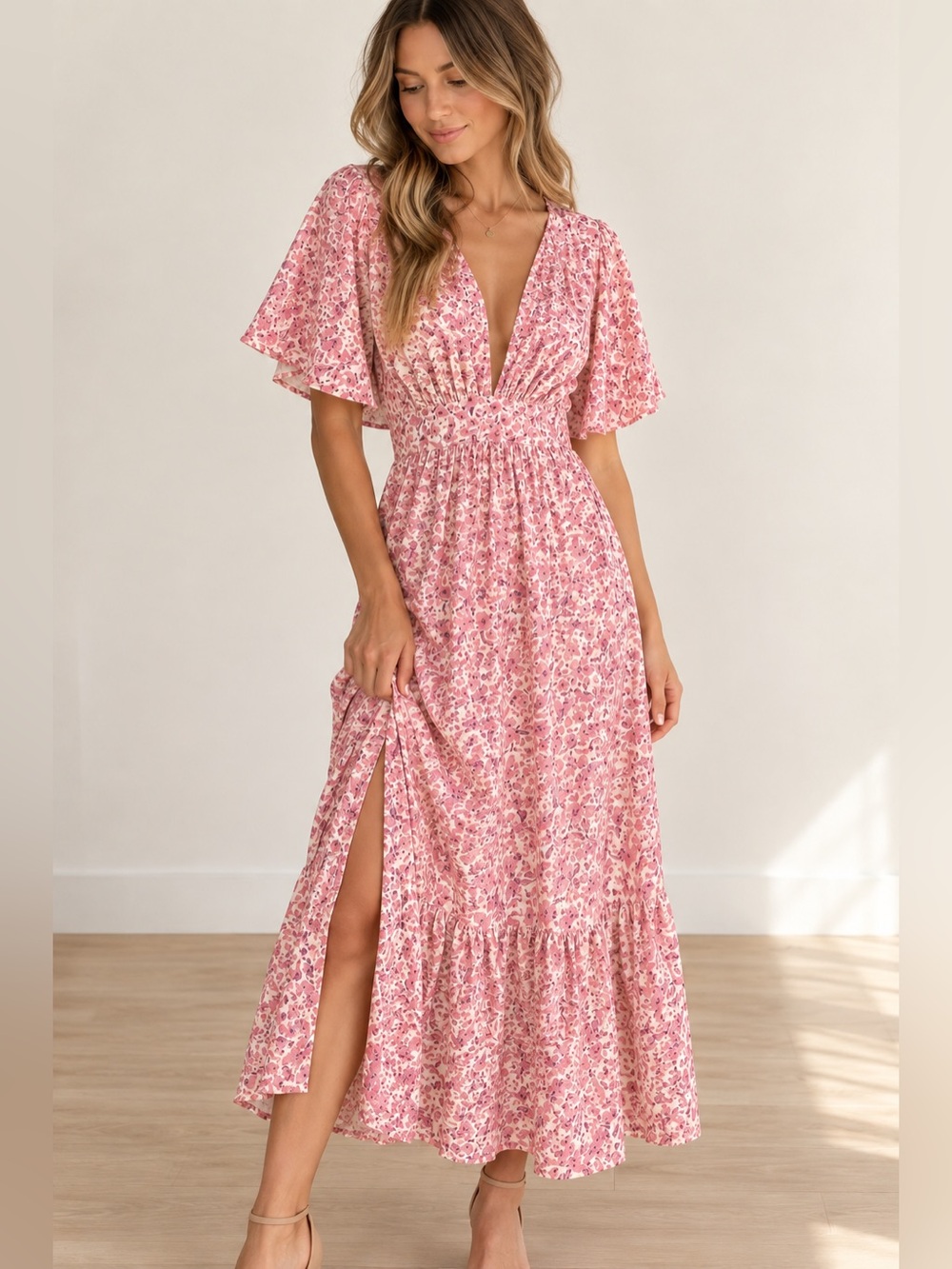 Stillwater Pink Floral Open Back Tie Waist Midi Dress XS